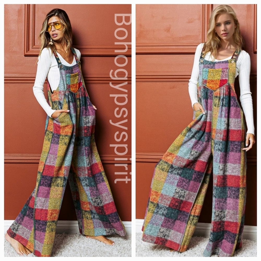 Patchwork Plaid Fleece Wideleg Jumpsuit Overalls - Picture 3 of 16